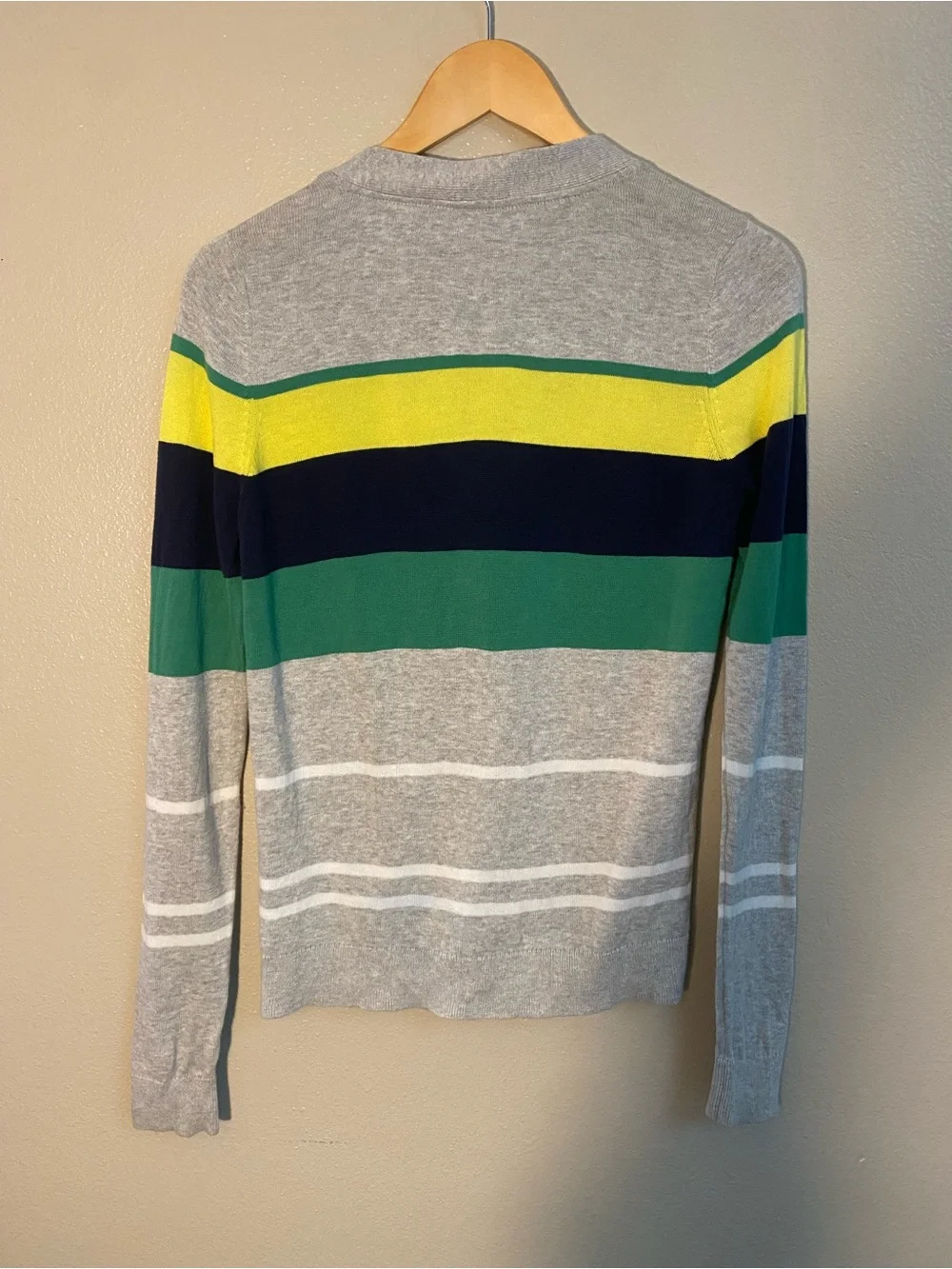 Caslon Striped 100% Cotton Button Front Cardigan Sweater Grey Yellow Green M